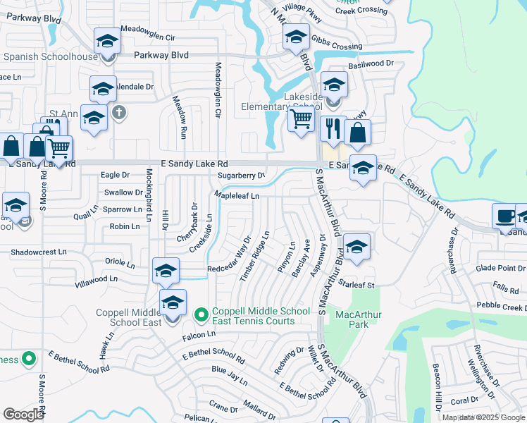 map of restaurants, bars, coffee shops, grocery stores, and more near 215 Timber Ridge Lane in Coppell