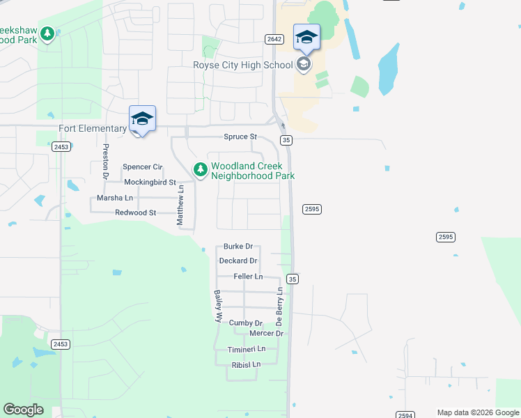 map of restaurants, bars, coffee shops, grocery stores, and more near 3324 Oak Lane in Royse City
