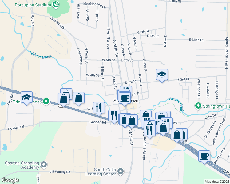 map of restaurants, bars, coffee shops, grocery stores, and more near 200 Walnut Bend Road in Springtown