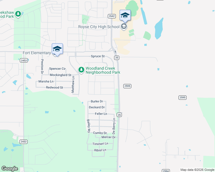 map of restaurants, bars, coffee shops, grocery stores, and more near 3324 Oak Lane in Royse City