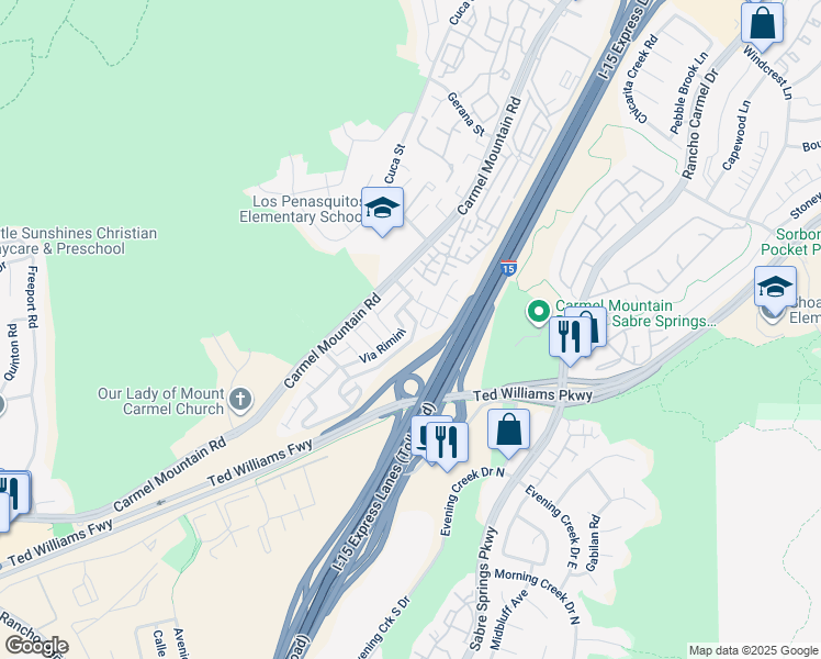 map of restaurants, bars, coffee shops, grocery stores, and more near 13915 Caminito Anzio in San Diego