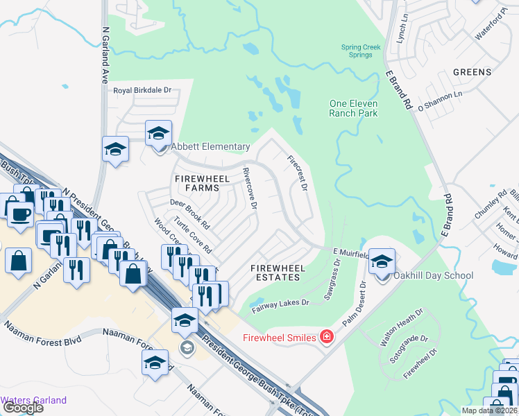 map of restaurants, bars, coffee shops, grocery stores, and more near 414 Rivercove Drive in Garland