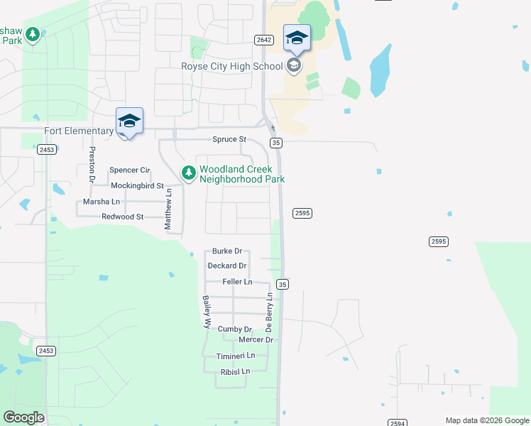 map of restaurants, bars, coffee shops, grocery stores, and more near 3462 Oak Lane in Royse City
