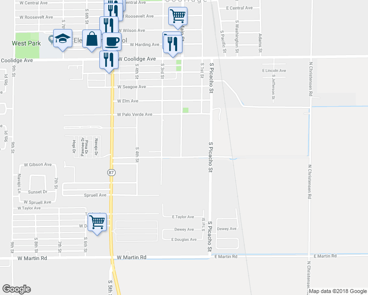 map of restaurants, bars, coffee shops, grocery stores, and more near 1037 South Main Street in Coolidge