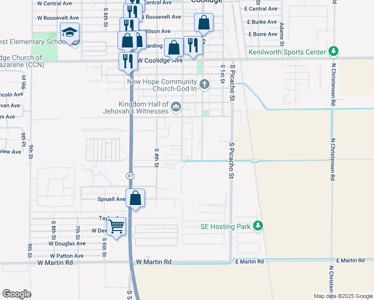 map of restaurants, bars, coffee shops, grocery stores, and more near 1027 South 3rd Street in Coolidge
