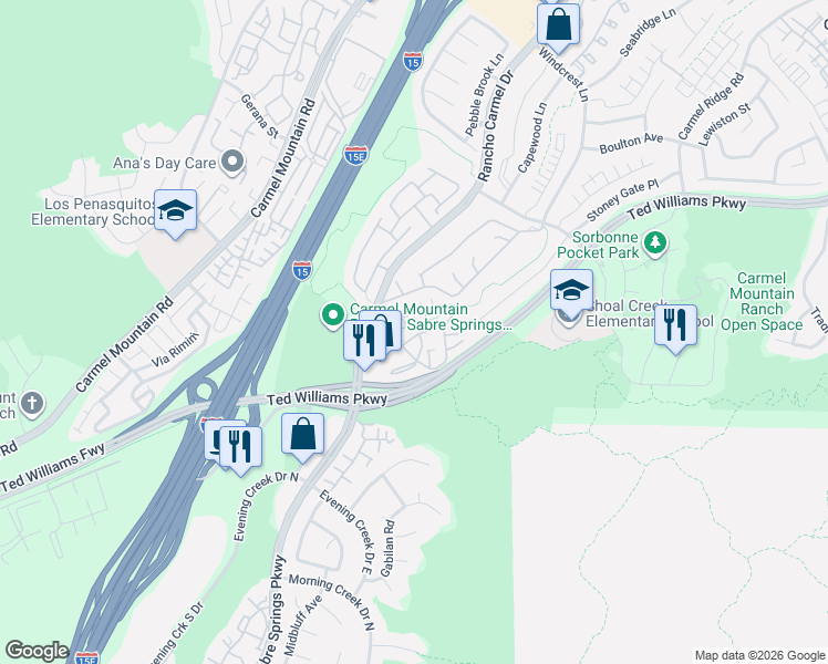 map of restaurants, bars, coffee shops, grocery stores, and more near 11144 Provencal Place in San Diego