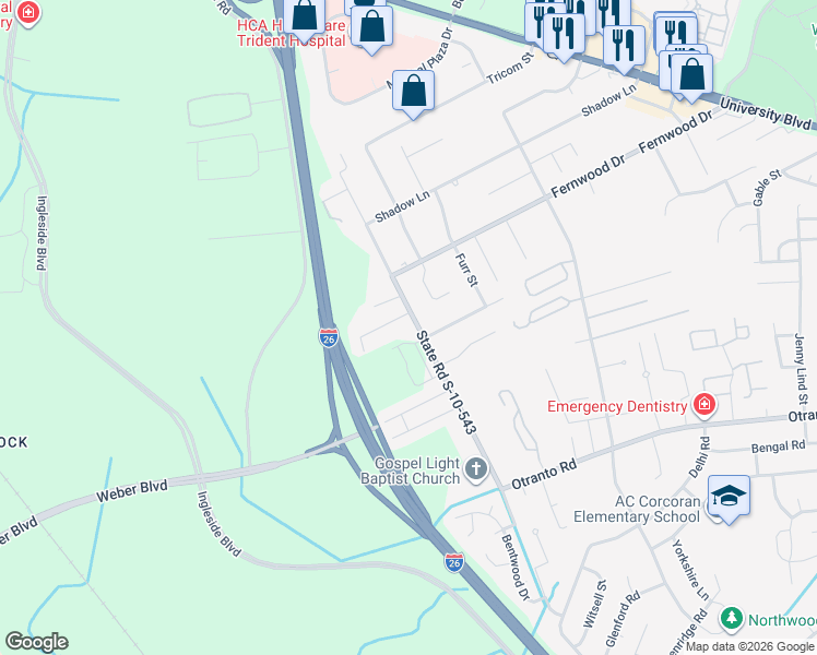 map of restaurants, bars, coffee shops, grocery stores, and more near 2936 Salamander Creek Lane in North Charleston