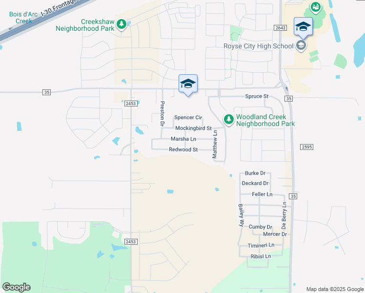 map of restaurants, bars, coffee shops, grocery stores, and more near 2712 Redwood Street in Royse City