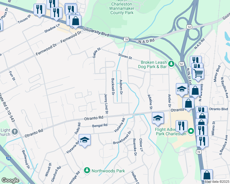 map of restaurants, bars, coffee shops, grocery stores, and more near 8760 Bucknell Drive in North Charleston