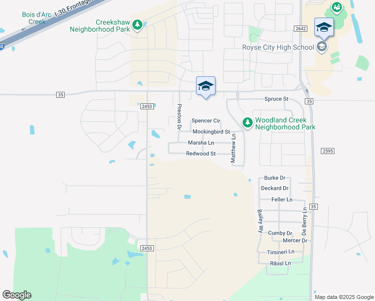 map of restaurants, bars, coffee shops, grocery stores, and more near 2620 Redwood Street in Royse City