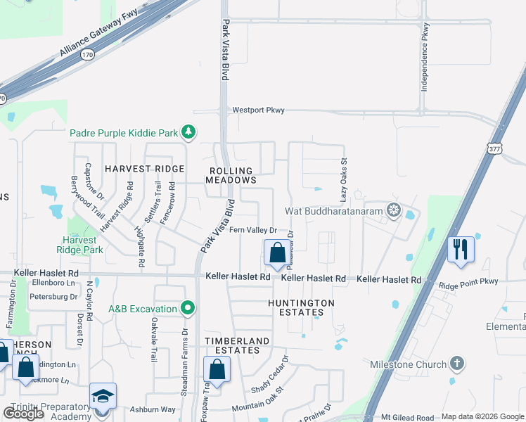 map of restaurants, bars, coffee shops, grocery stores, and more near 13074 Red Robin Drive in Fort Worth