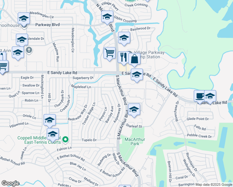 map of restaurants, bars, coffee shops, grocery stores, and more near 212 Aspenway Drive in Coppell