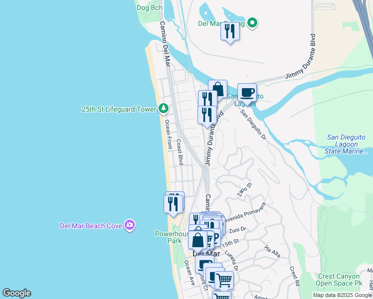 map of restaurants, bars, coffee shops, grocery stores, and more near 2073 Sand Barr Lane in Del Mar