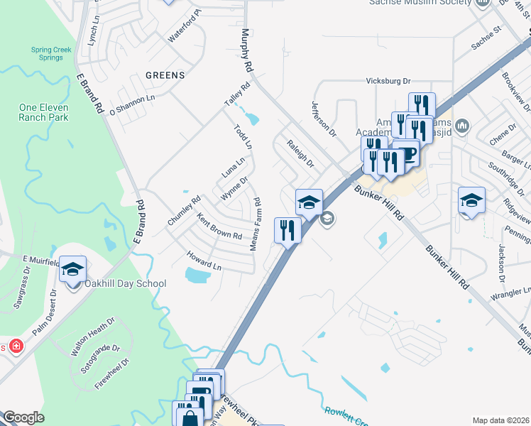 map of restaurants, bars, coffee shops, grocery stores, and more near 10 Means Farm Rd in Garland