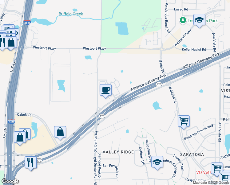 map of restaurants, bars, coffee shops, grocery stores, and more near 3101 Alliance Gateway Freeway in Fort Worth