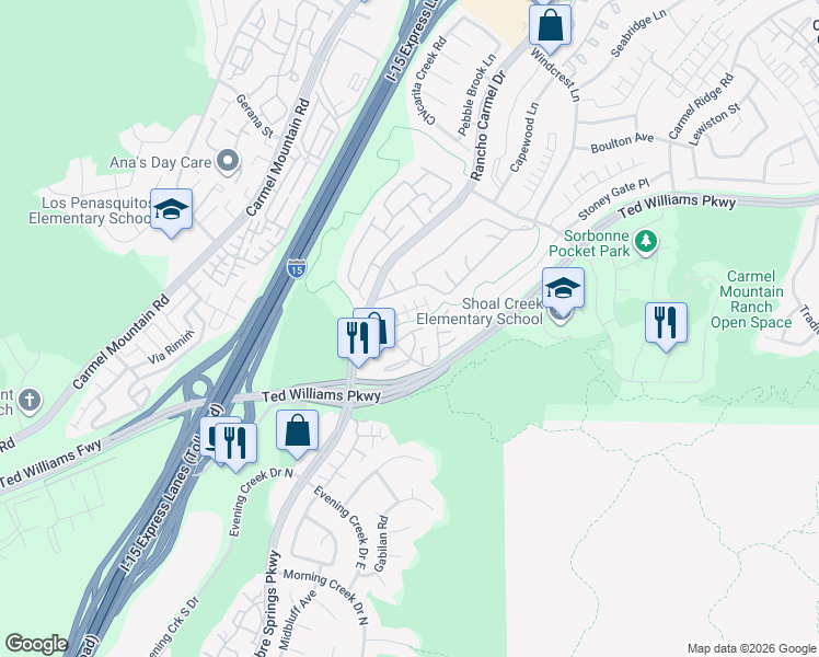 map of restaurants, bars, coffee shops, grocery stores, and more near 11144 Provencal Place in San Diego
