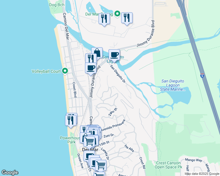 map of restaurants, bars, coffee shops, grocery stores, and more near 2080 Balboa Avenue in Del Mar