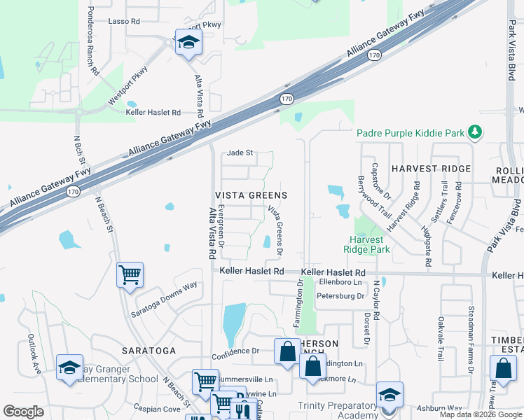 map of restaurants, bars, coffee shops, grocery stores, and more near 3812 Vista Greens Drive in Fort Worth