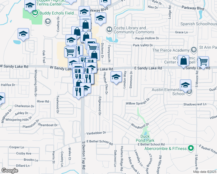 map of restaurants, bars, coffee shops, grocery stores, and more near 140 Heather Glen Drive in Coppell