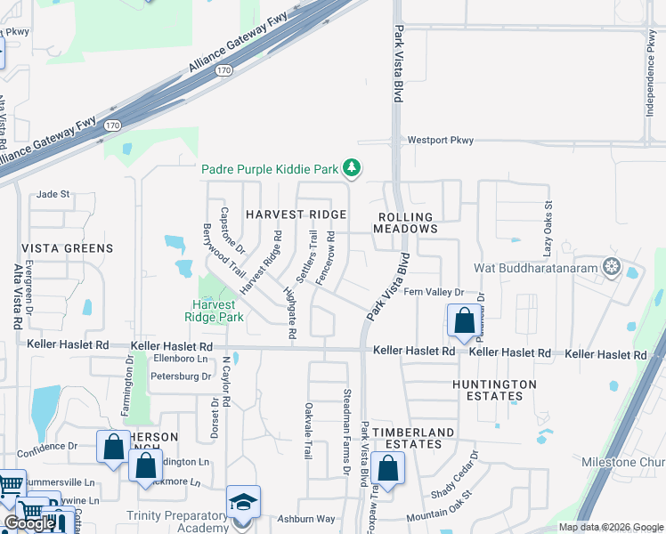 map of restaurants, bars, coffee shops, grocery stores, and more near 13120 Fencerow Road in Fort Worth