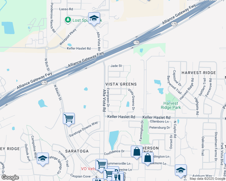 map of restaurants, bars, coffee shops, grocery stores, and more near 3712 Vista Greens Drive in Fort Worth