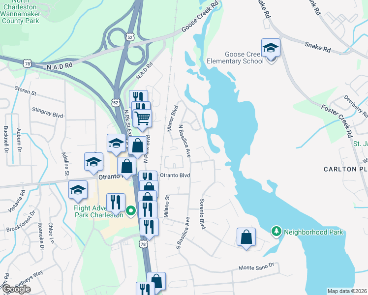map of restaurants, bars, coffee shops, grocery stores, and more near 13 North Basilica Avenue in Hanahan