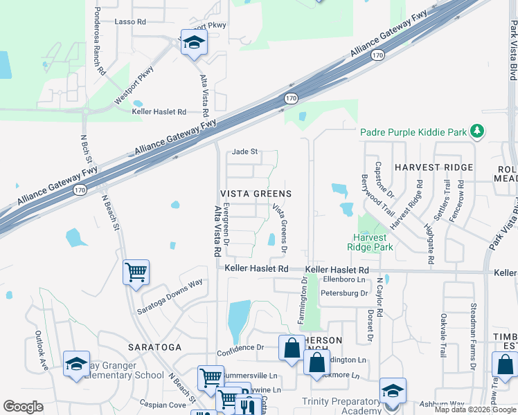 map of restaurants, bars, coffee shops, grocery stores, and more near 3812 Vista Greens Drive in Fort Worth
