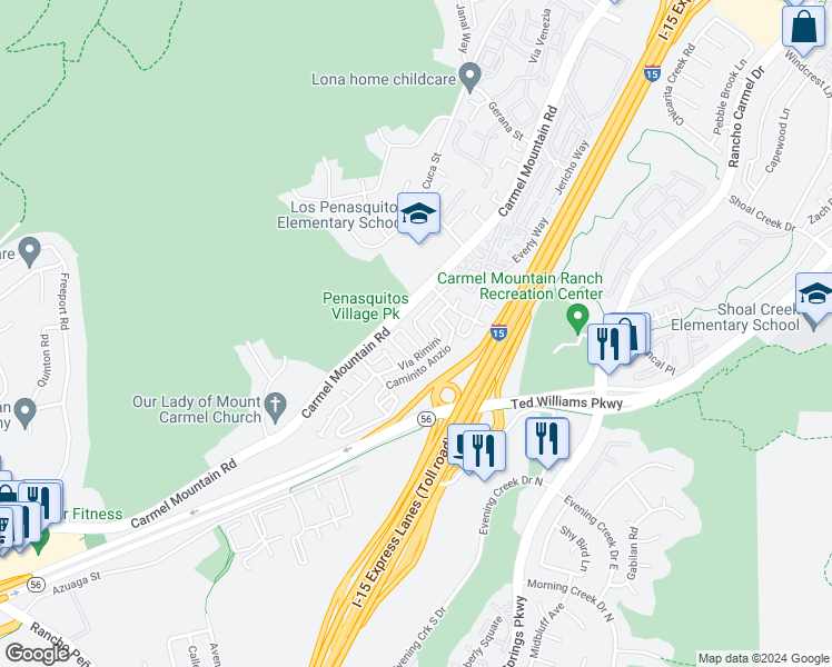 map of restaurants, bars, coffee shops, grocery stores, and more near 11026 Via Parma in San Diego