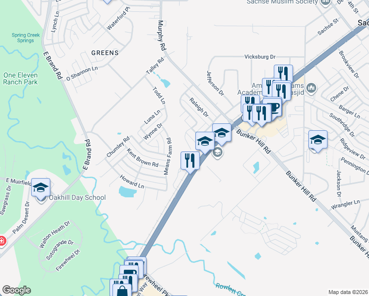 map of restaurants, bars, coffee shops, grocery stores, and more near 10 Means Farm Road in Garland