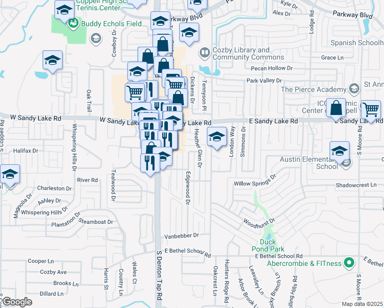 map of restaurants, bars, coffee shops, grocery stores, and more near 140 Heather Glen Drive in Coppell