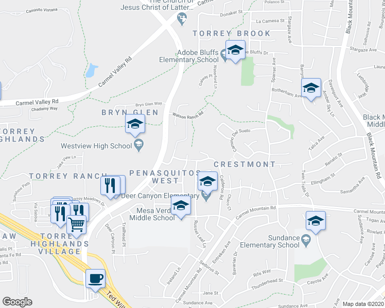 map of restaurants, bars, coffee shops, grocery stores, and more near 13653 Calderon Road in San Diego