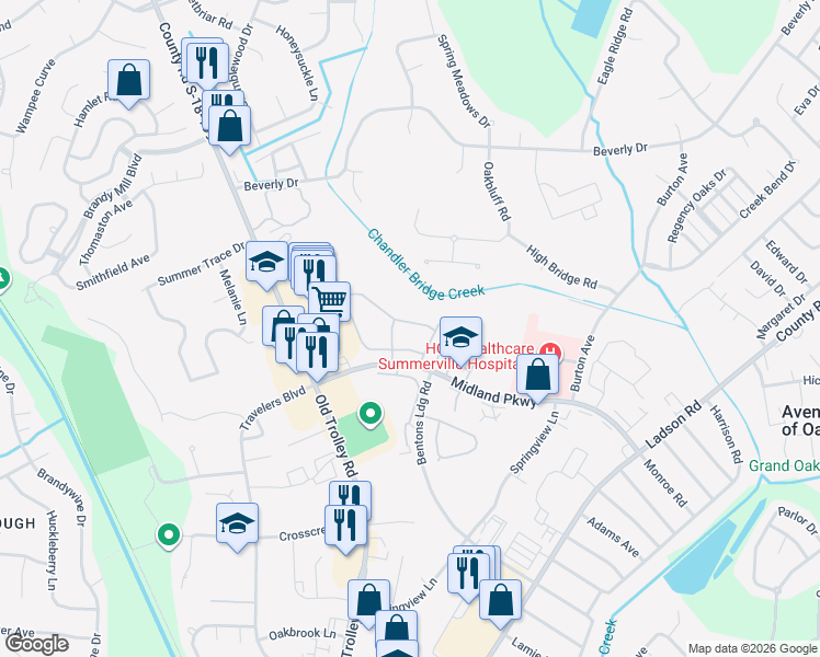 map of restaurants, bars, coffee shops, grocery stores, and more near 115 Hardee Avenue in Summerville