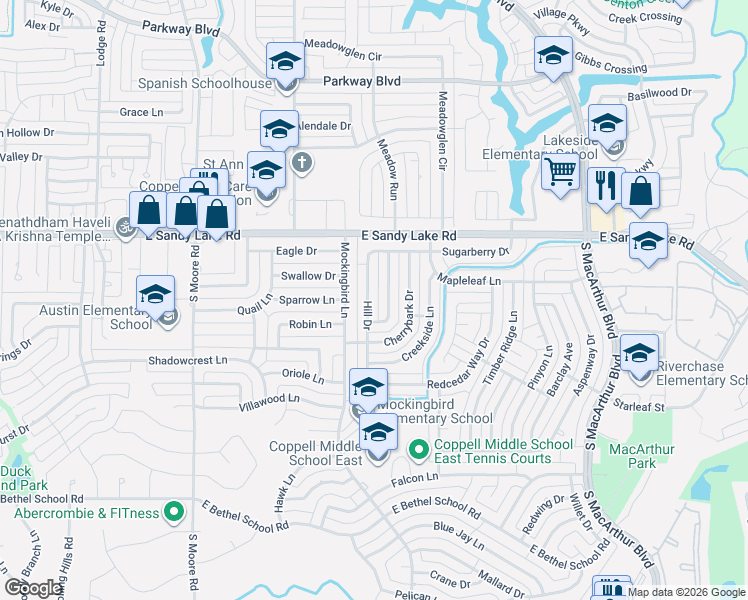 map of restaurants, bars, coffee shops, grocery stores, and more near 132 Hill Drive in Coppell