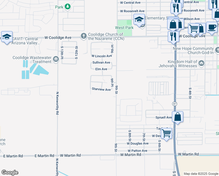 map of restaurants, bars, coffee shops, grocery stores, and more near 924 Starview Avenue in Coolidge