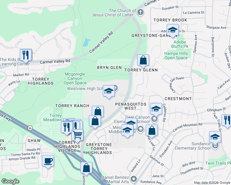 map of restaurants, bars, coffee shops, grocery stores, and more near 13500 Camino Del Sur in San Diego