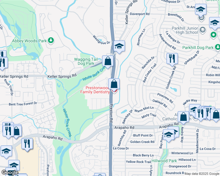 map of restaurants, bars, coffee shops, grocery stores, and more near 16000 Preston Road in Dallas