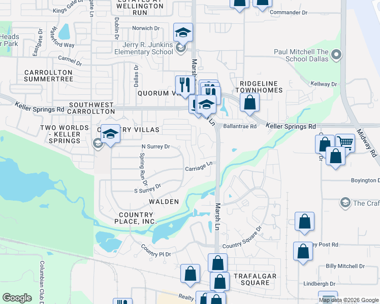 map of restaurants, bars, coffee shops, grocery stores, and more near 2831 North Surrey Drive in Carrollton