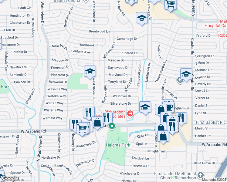 map of restaurants, bars, coffee shops, grocery stores, and more near 719 Timberlake Circle in Richardson