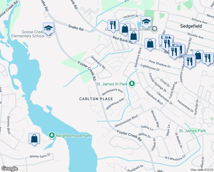 map of restaurants, bars, coffee shops, grocery stores, and more near 3037 Woodington Place in Goose Creek