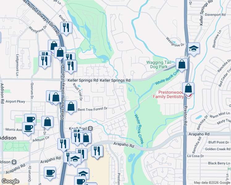 map of restaurants, bars, coffee shops, grocery stores, and more near 16007 Bent Tree Forest Circle in Dallas