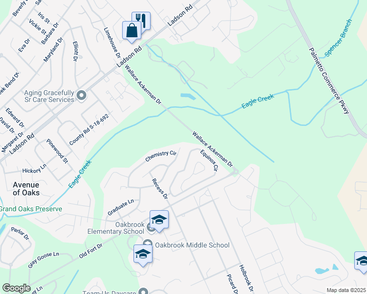 map of restaurants, bars, coffee shops, grocery stores, and more near 108 Alumni Court in Ladson