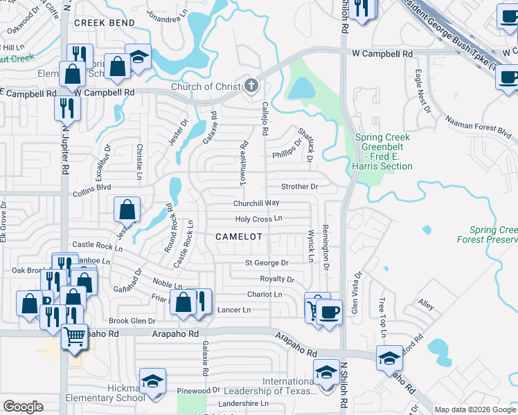 map of restaurants, bars, coffee shops, grocery stores, and more near 2806 Churchill Way in Garland