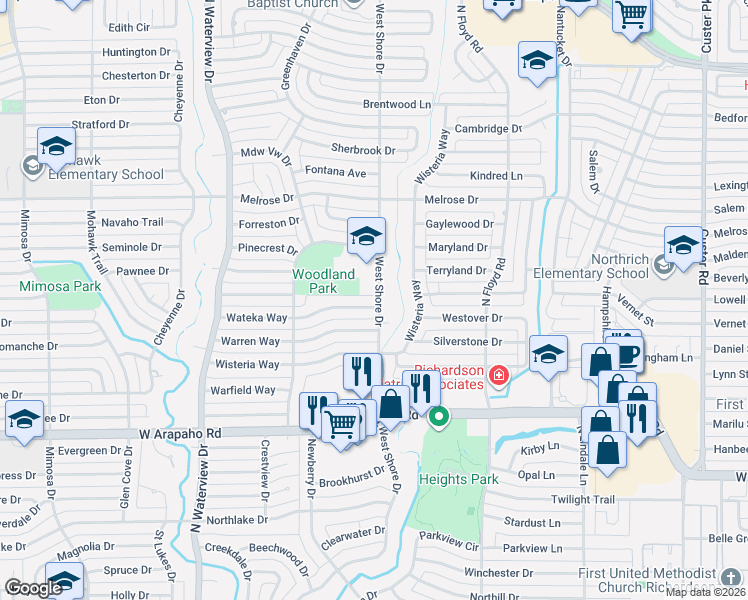 map of restaurants, bars, coffee shops, grocery stores, and more near 800 Wateka Way in Richardson