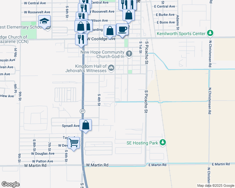 map of restaurants, bars, coffee shops, grocery stores, and more near 1027 South 3rd Street in Coolidge