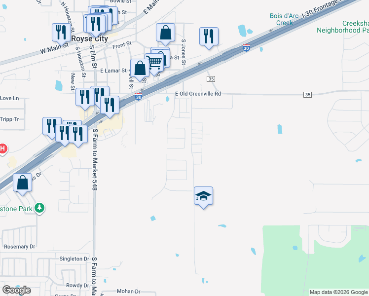 map of restaurants, bars, coffee shops, grocery stores, and more near 929 Cemetery Road in Royse City