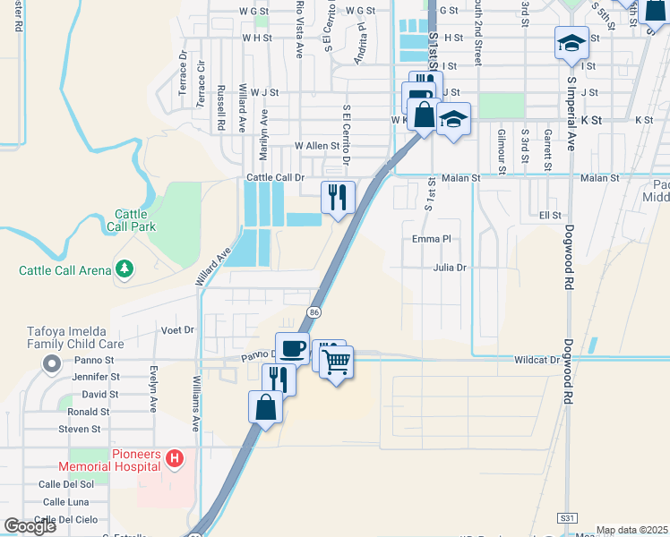 map of restaurants, bars, coffee shops, grocery stores, and more near South Brawley Avenue in Brawley