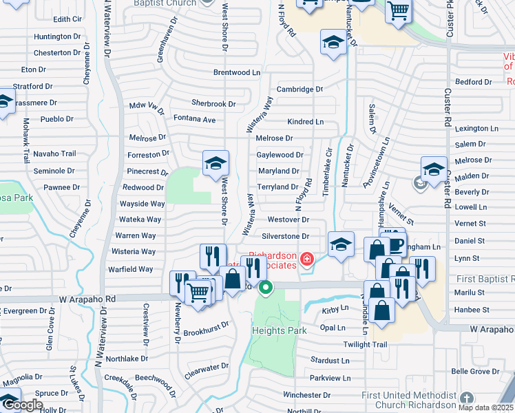 map of restaurants, bars, coffee shops, grocery stores, and more near 1214 Wisteria Way in Richardson