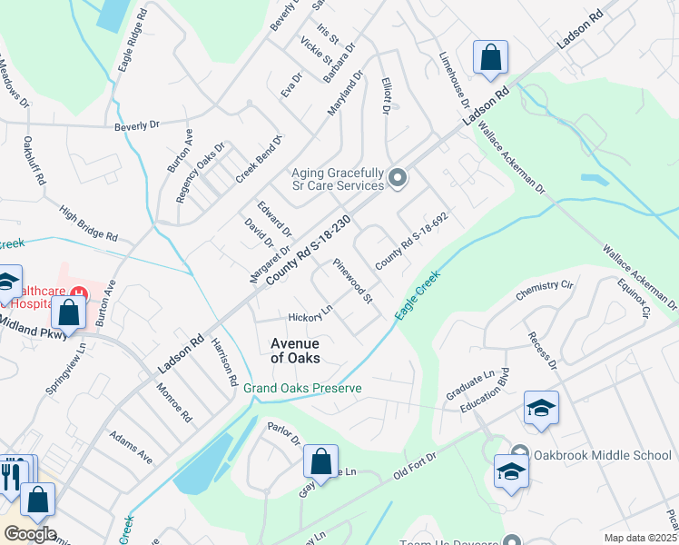 map of restaurants, bars, coffee shops, grocery stores, and more near 114 Pinewood Street in Ladson