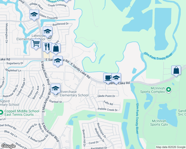 map of restaurants, bars, coffee shops, grocery stores, and more near 1399 East Sandy Lake Road in Irving
