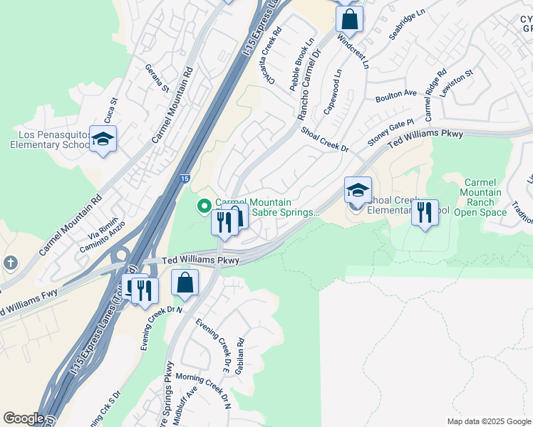 map of restaurants, bars, coffee shops, grocery stores, and more near 11340 Provencal Place in San Diego